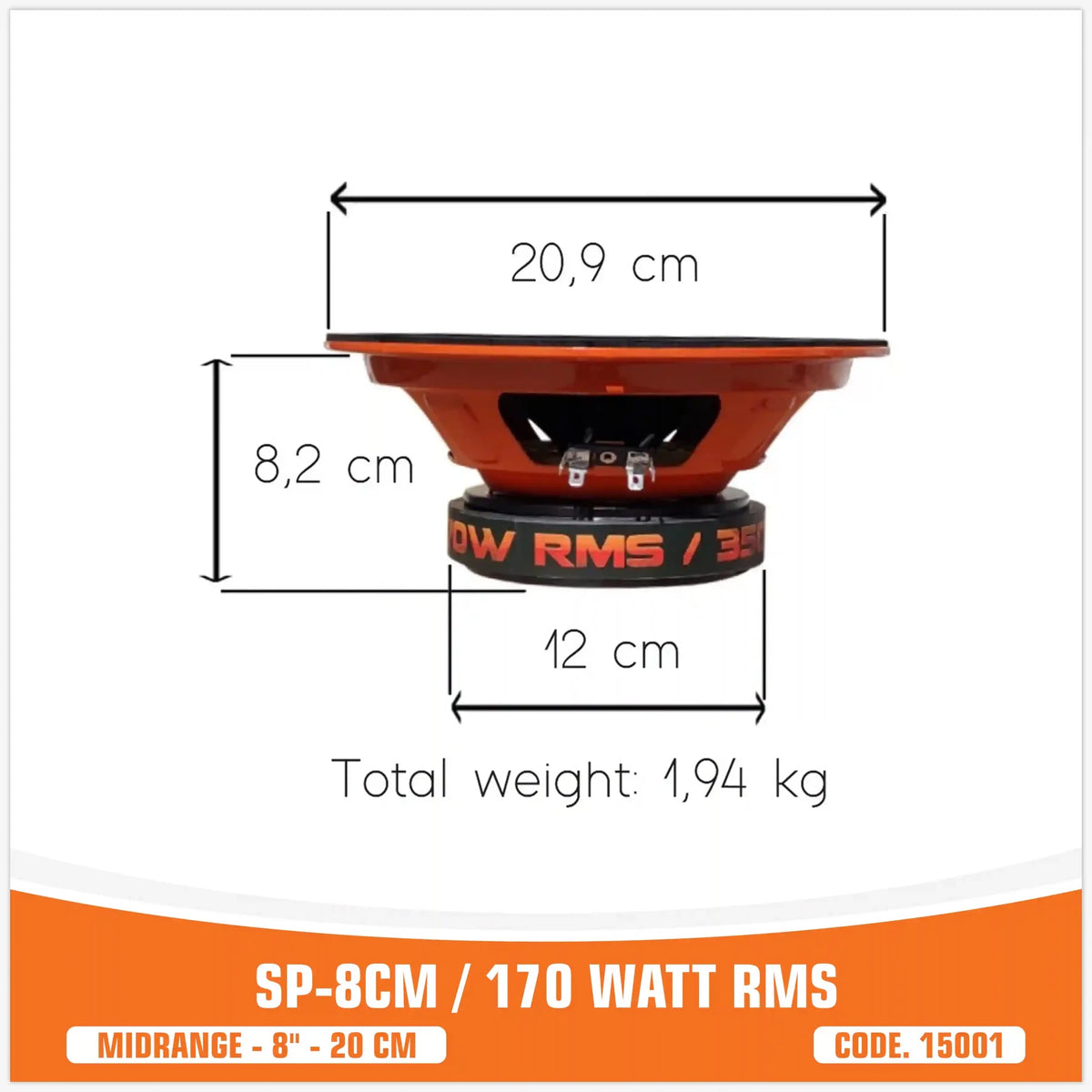 SP 8CM Middentoner, 8 inch, 150W RMS, foto 2