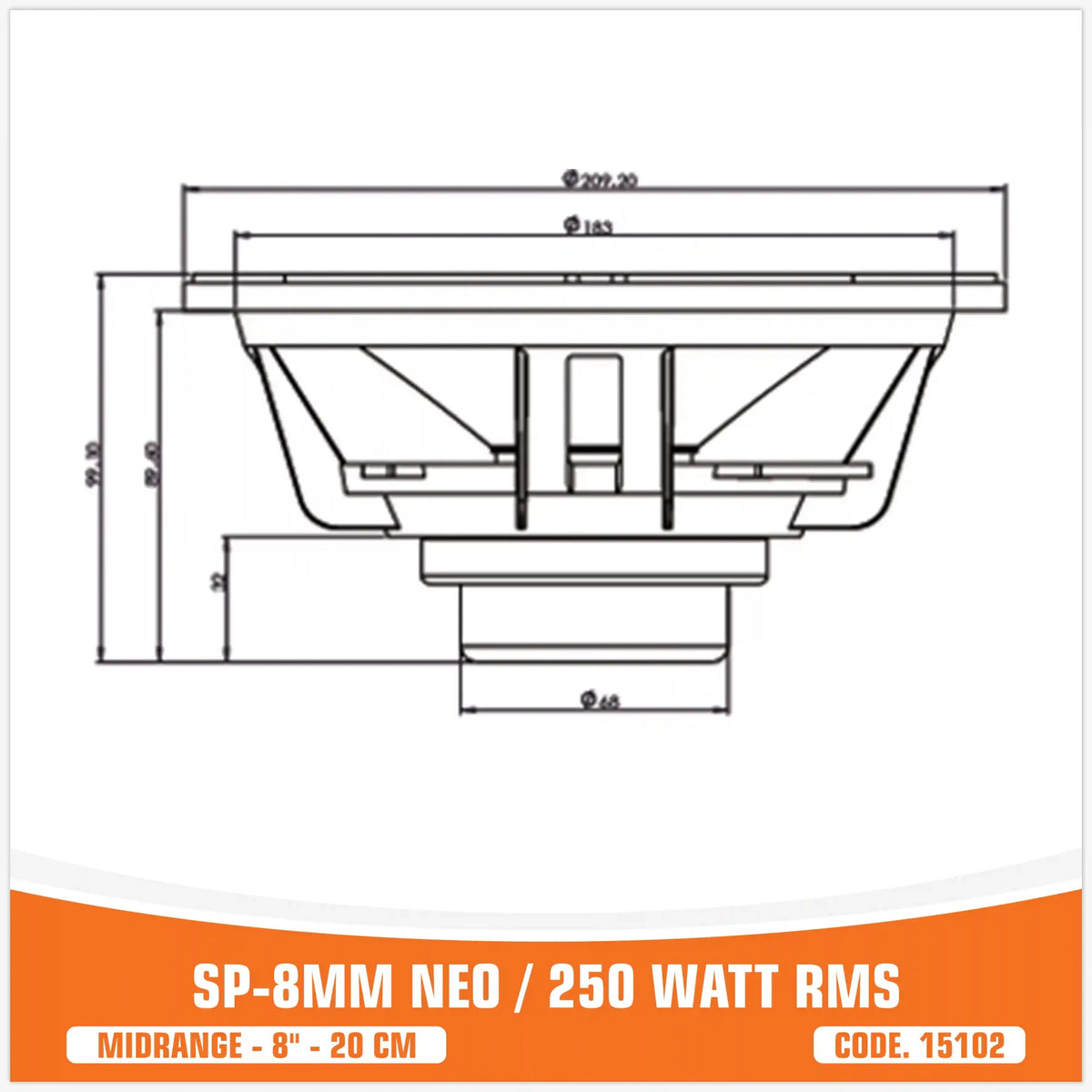 SP 8MM NEO Middentoner, 8 inch, 250W RMS, Neodymium Magneet, foto 2