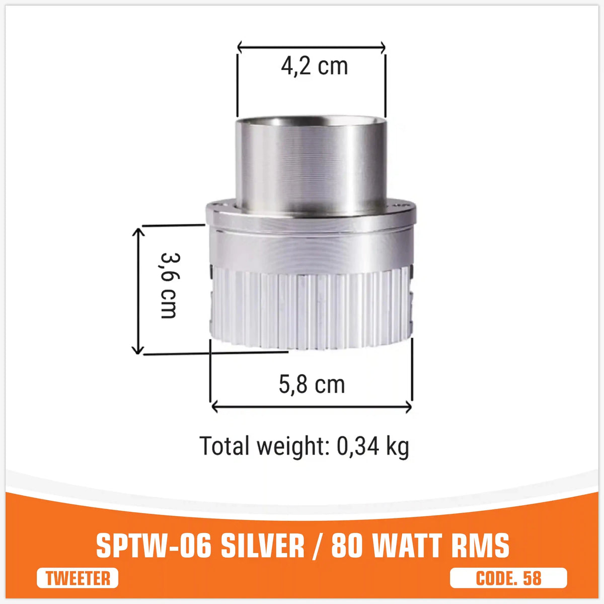SP TW 06 Zilveren Bullet Tweeter, 80W RMS, foto 3